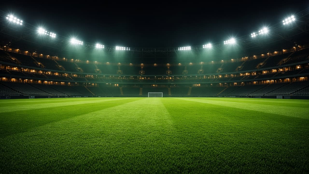 Floodlit football stadium at night
